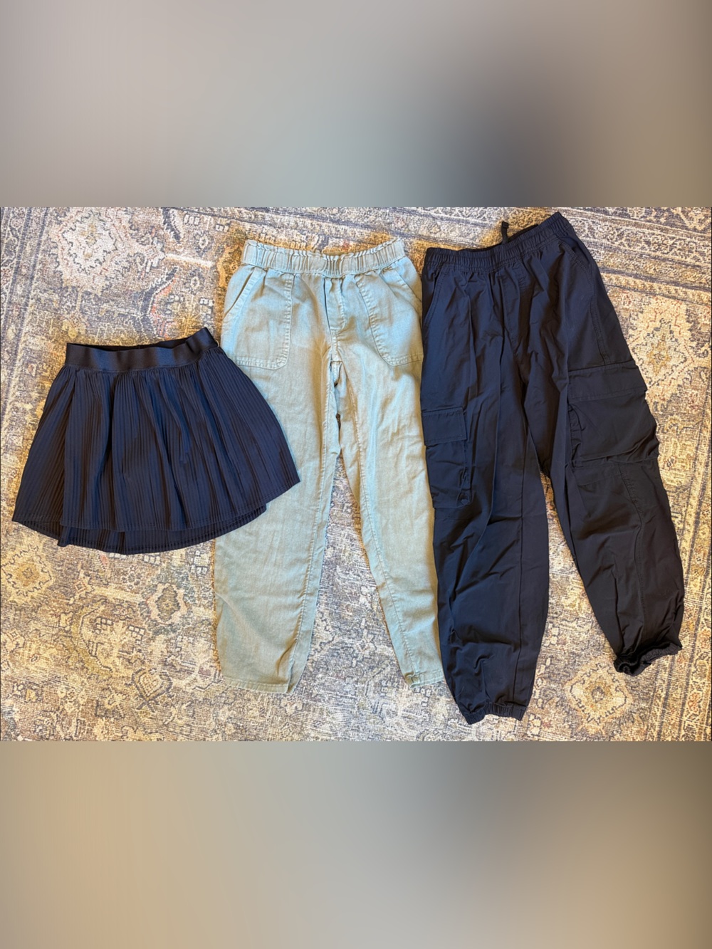 Girls size Medium 8 bottoms: Black Pleated Mini Skirt , 2 joggers
